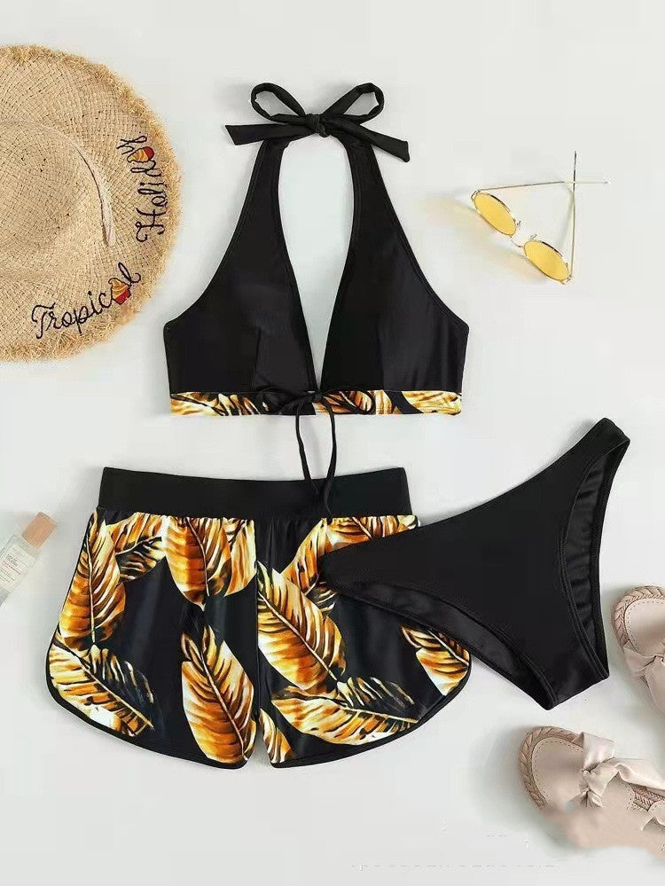 Women's Bikini Set with Matching Shorts and Quick-Dry Fabric for Summer - Gold