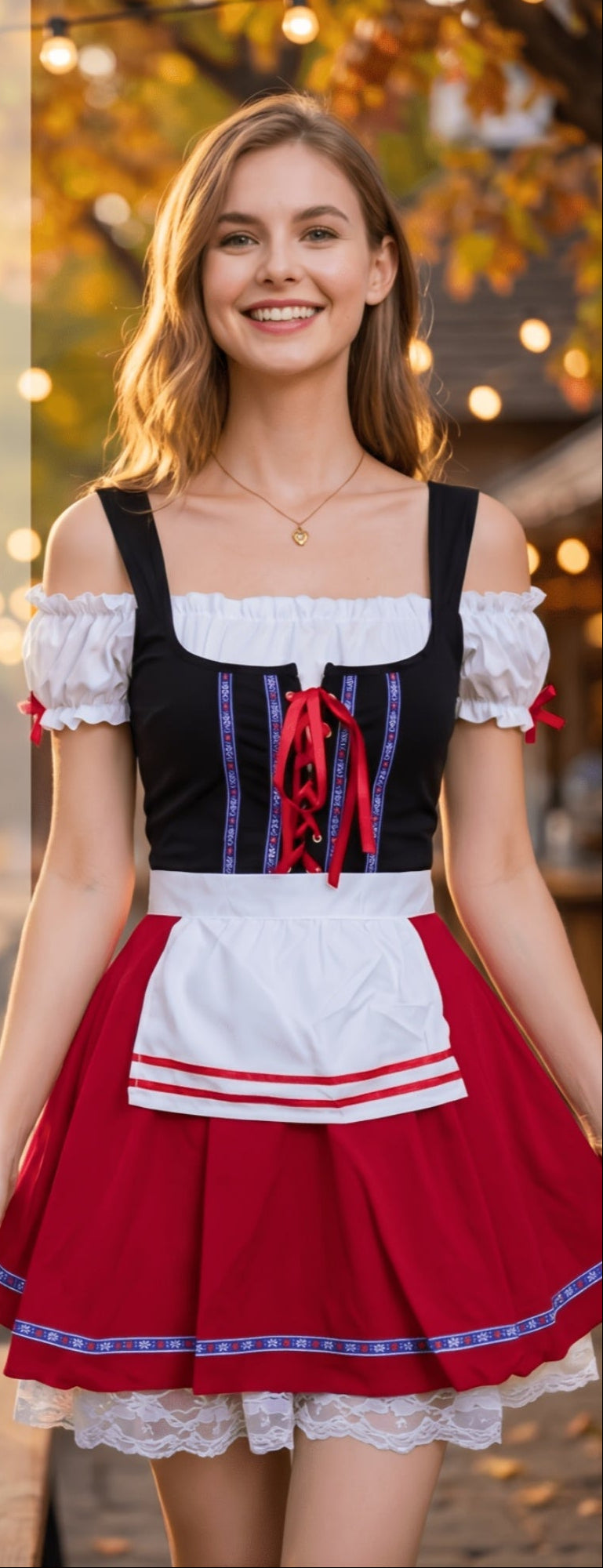Off-Shoulder Festival  Dirndl Short Skirt Black Red Contrast Tie-Up Lace Apron