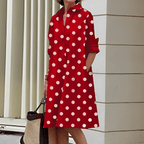 Autumn Dress with Fold-Over Collar | Perfect for Cool Days - Red and White