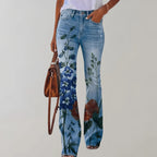 Flared Winter Pants with Buttonhole Detail | Perfect for Winter - Blue Flower