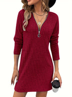 Solid Color Ribbed Dress, Women's Long Sleeve Casual Midi Knit Dress