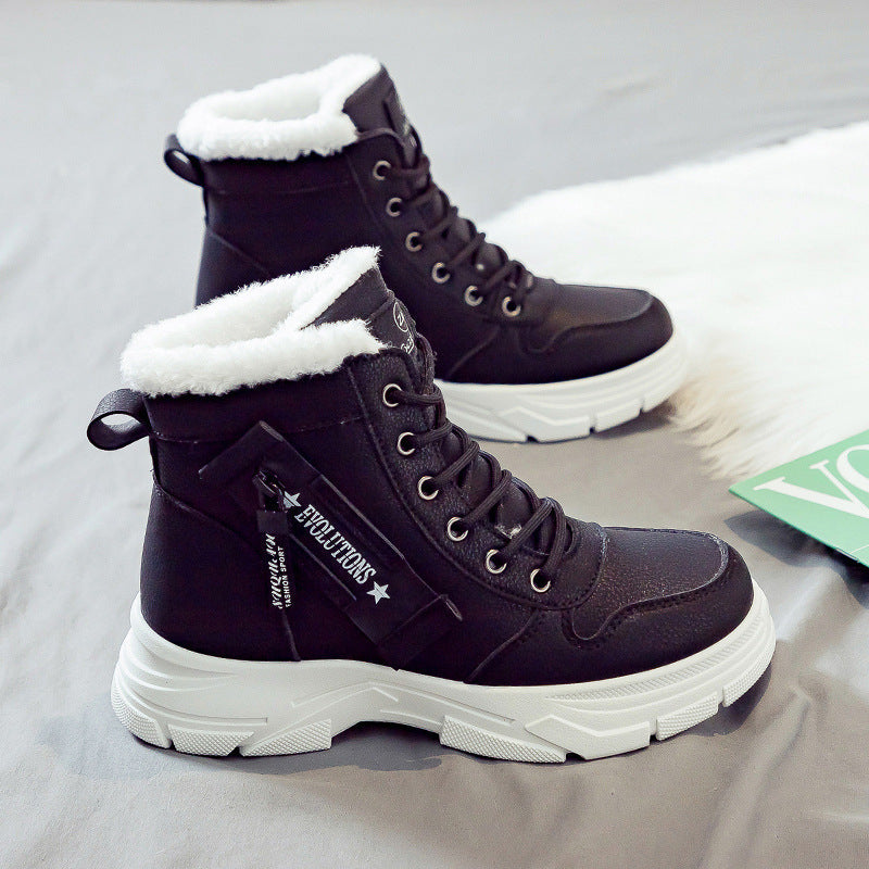 Women's Winter Ankle Boots with Laces and Thick Sole - Black