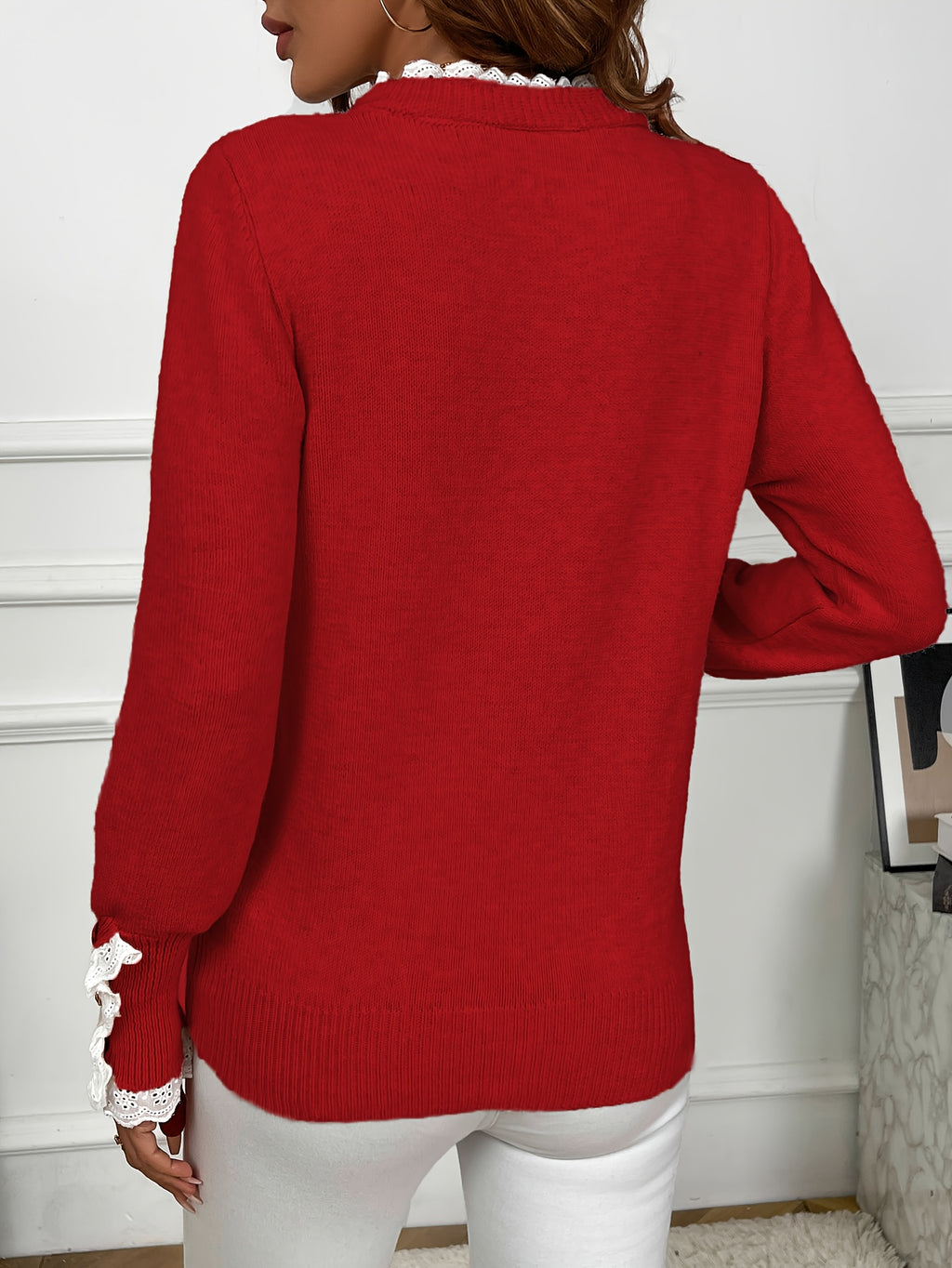 Women'S Cozy Red Ribbed Sweater with Lace Trim Casual Long Sleeve | Texture