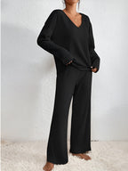 Two-Piece Knit Set with V-Neck Sweater & Pants | Perfect for Autumn & Winter - Black
