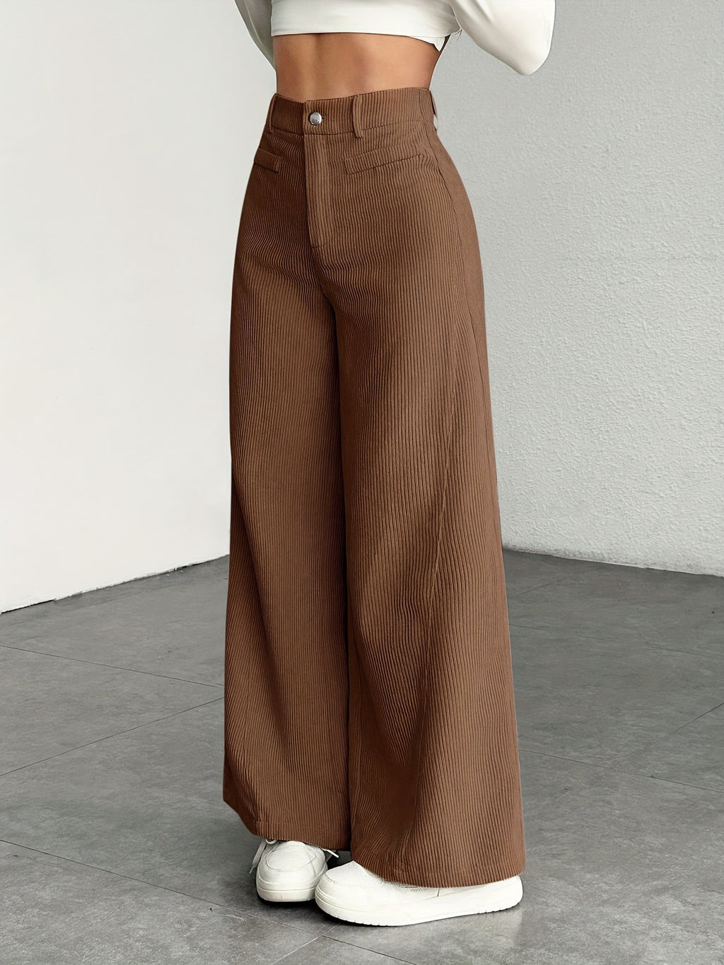 Women's High Waisted Wide Leg Pants Corduroy Textured Casual Washable Trousers