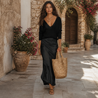 Satin Midi Dress with a Cozy Sweater Combination | Elegant Outfit