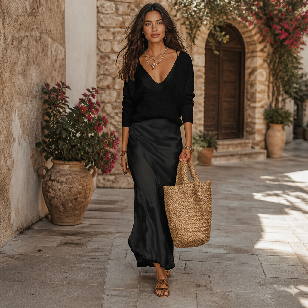 Satin Midi Dress with a Cozy Sweater Combination | Elegant Outfit
