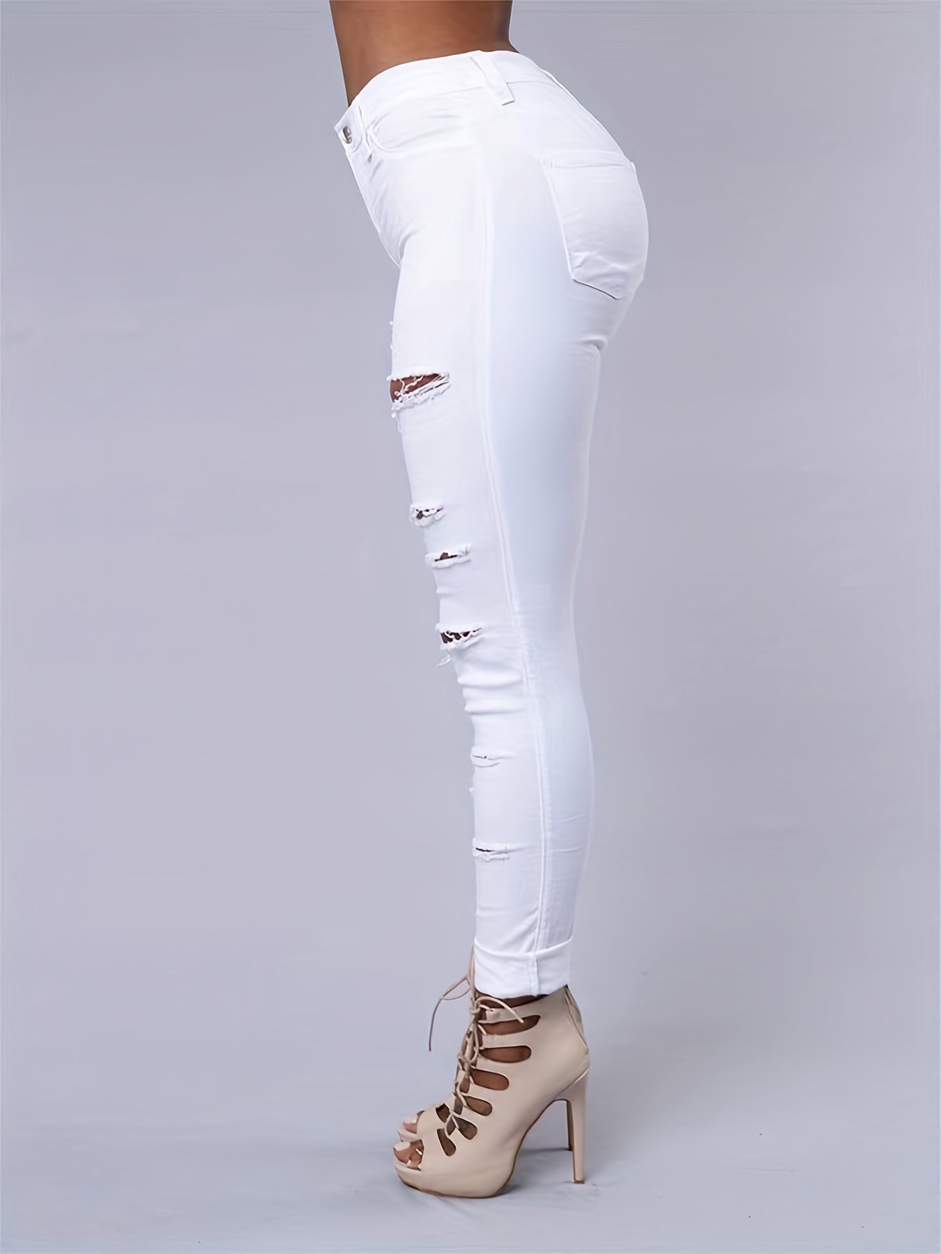 Ripped High Strech Distressed Jeans Solid Color | Women's Slim Fit Denim Pants