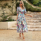 Women's Summer Midi Dress with V-Neck and Flared Silhouette - Multicolor