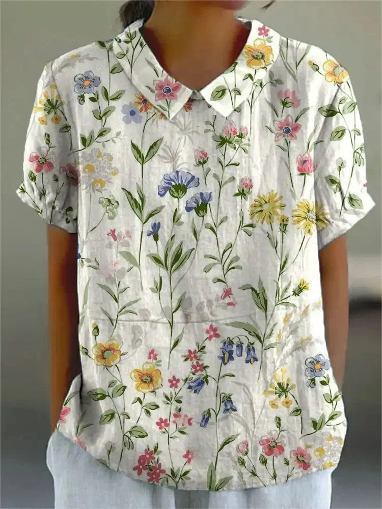 Long-Sleeve Women's Shirt with Autumn Floral Print, Lightweight Cotton, Relaxed Fit - White Floral