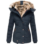 Women's Winter Quilted Jacket with Detachable Hood and Slim Fit - Navy