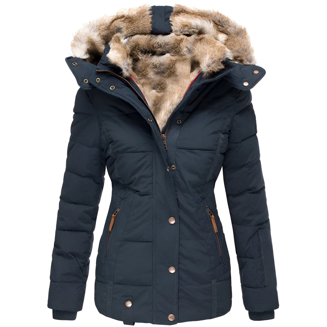 Women's Winter Quilted Jacket with Detachable Hood and Slim Fit - Navy