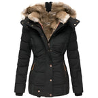 Women's Winter Quilted Jacket with Detachable Hood and Slim Fit - Black