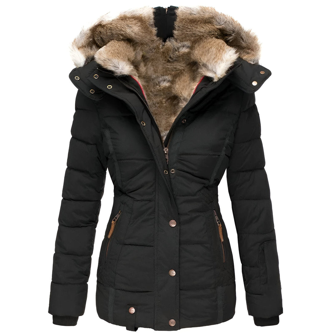 Women's Winter Quilted Jacket with Detachable Hood and Slim Fit - Black