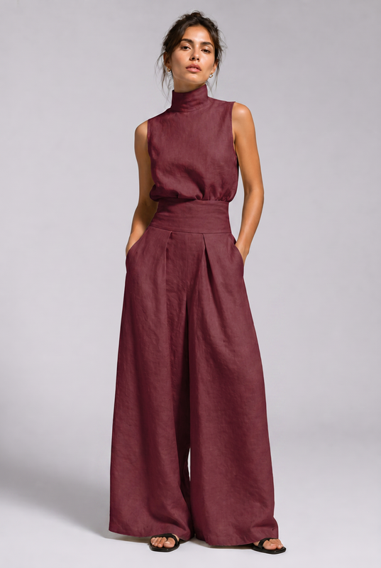 Women's Premium Linen Two Piece Set with Wide Leg Pants Summer Fashion