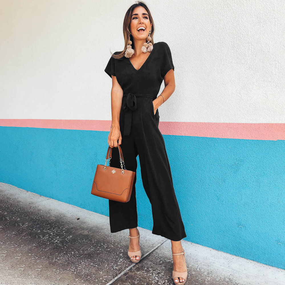 Jumpsuit with V-Neck, Side Pockets and Relaxed Fit | Perfect for Spring and Summer - Black