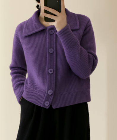 Women's Autumn Cardigan with Large Lapels and Relaxed Cut - Purple