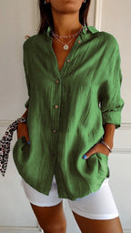 Women's Autumn Blouse with Pleated Detail, Long Sleeves and Fitted Collar - Green