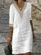 Women's Autumn Dress with V-Neck, Lace Trim and 3/4 Sleeves - White