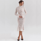 Elegant Lace Dress with Stand Up Collar | Formal Midi Dress
