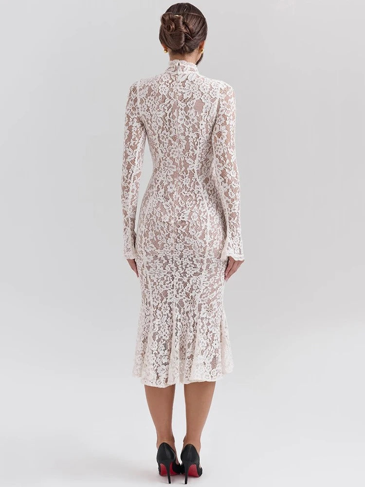 Elegant Lace Dress with Stand Up Collar | Formal Midi Dress