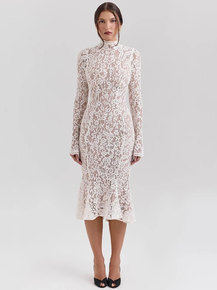 Elegant Lace Dress with Stand Up Collar | Formal Midi Dress
