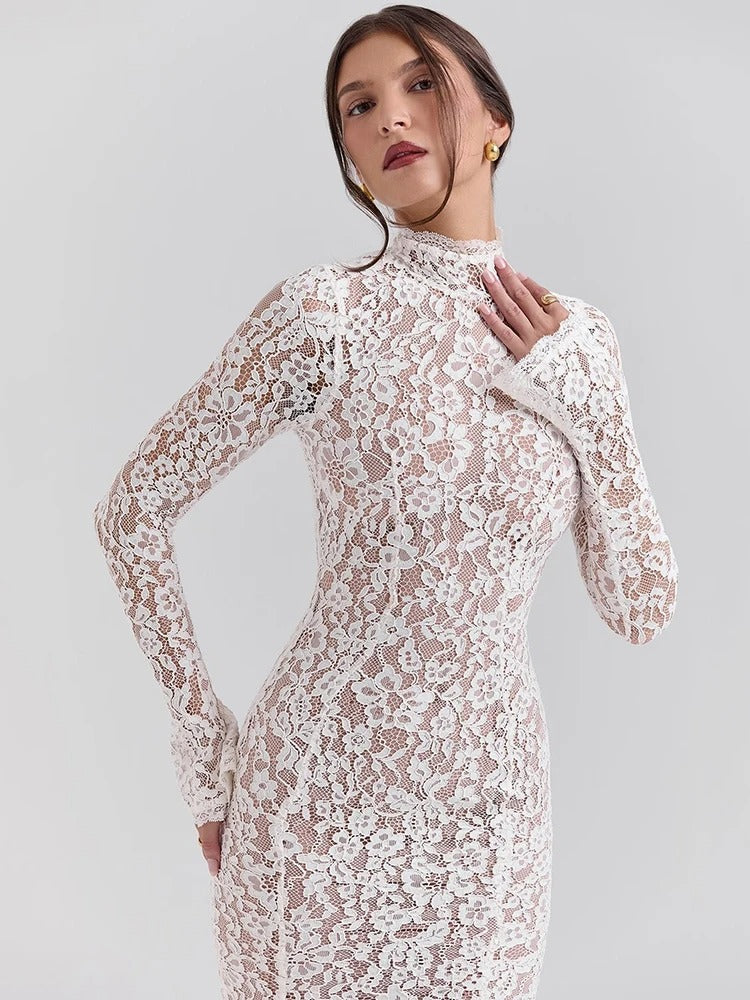Elegant Lace Dress with Stand Up Collar | Formal Midi Dress