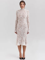 Elegant Lace Dress with Stand Up Collar | Formal Midi Dress