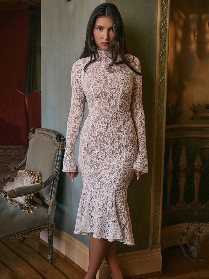 Elegant Lace Dress with Stand Up Collar | Formal Midi Dress