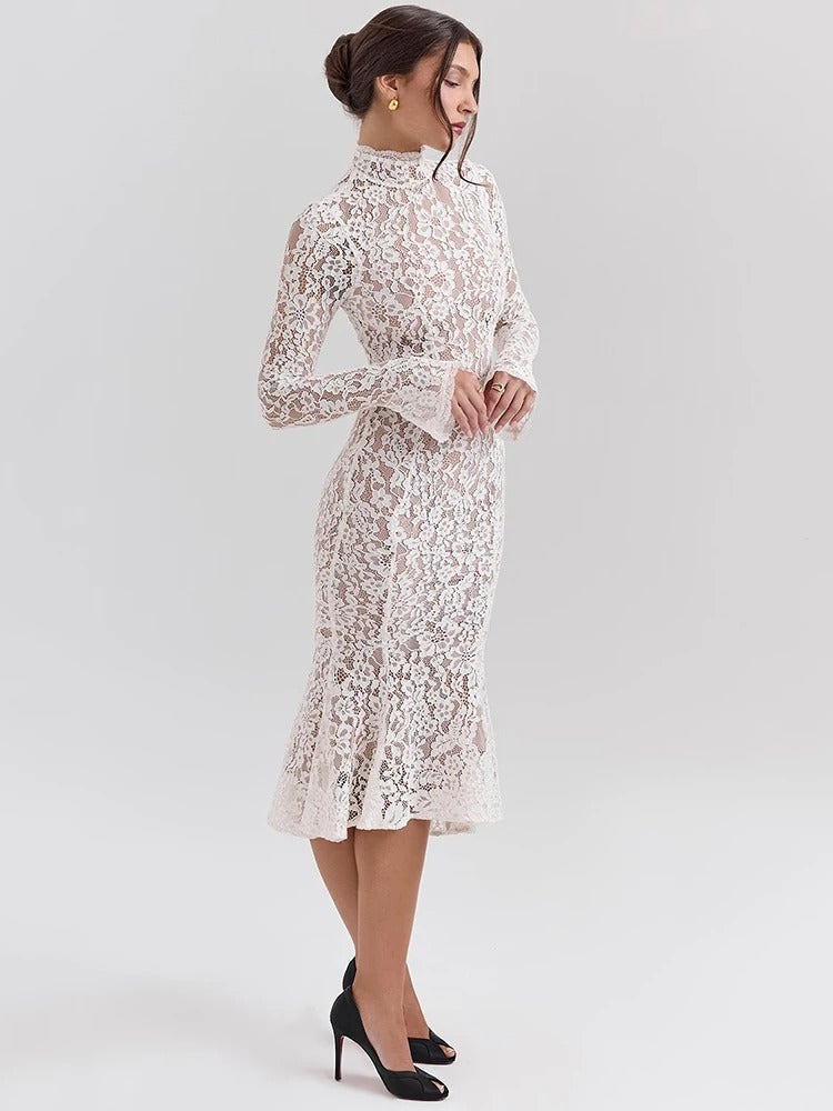 Elegant Lace Dress with Stand Up Collar | Formal Midi Dress