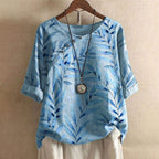 Women's Short-Sleeve Summer Shirt with Floral Pattern and Classic Collar - Blue