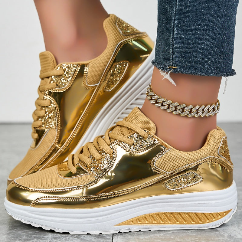Women's Sneakers with Glitter Effect and Textured EVA Sole - Gold
