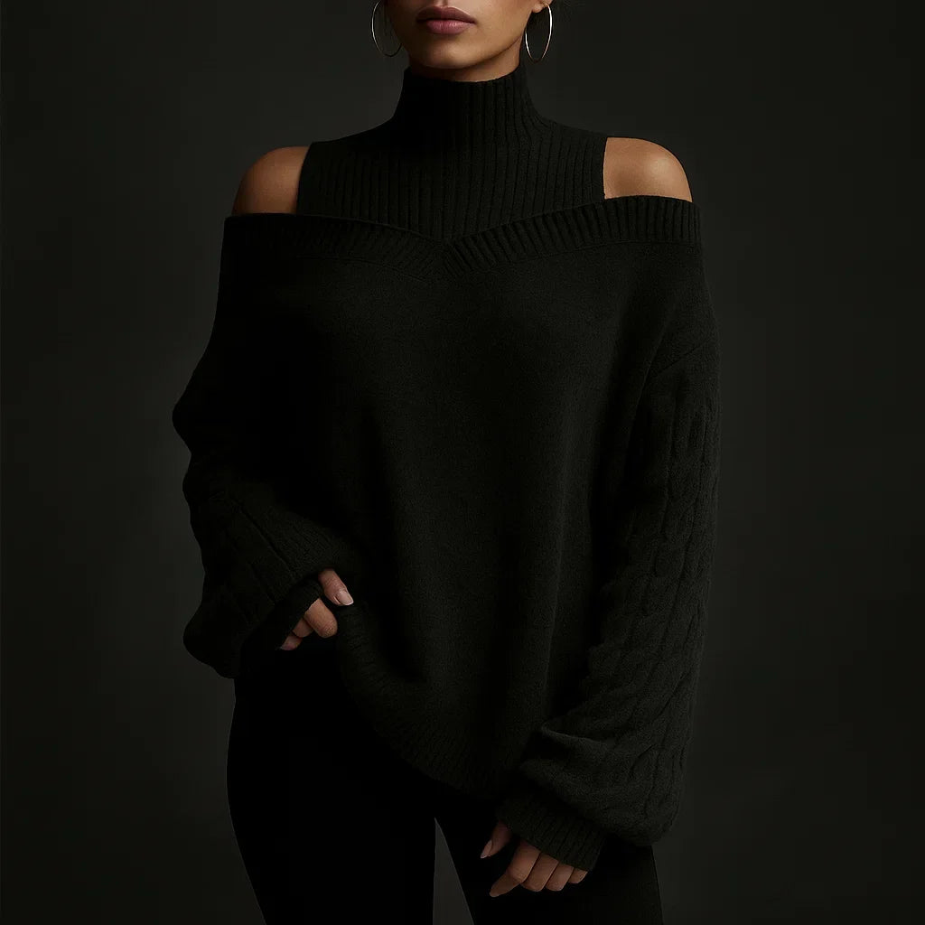 Women's Turtleneck Sweater with Cold-Shoulder Detail and Textured Knit - Onyx Black