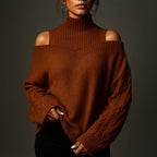 Women's Turtleneck Sweater with Cold-Shoulder Detail and Textured Knit - Camel