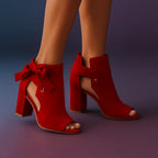 Women's Pumps, Peep Toe, Block Heel, Bow Accent - Red