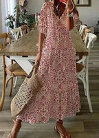 Long Summer Dress with Floral Print and Drawstring Waist | Perfect for Warm Days - Red