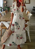 Long Summer Dress with Floral Print and Drawstring Waist | Perfect for Warm Days - White Floral 1